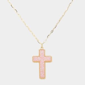 Abalone Pink Druzy Cross Pendant Necklace Chain Statement Jewelry